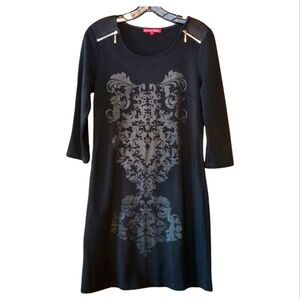 San Francisco Black Midi Dress With Silver Damask Print  Size Small